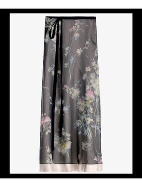 Zara Cream Satin Midi Skirt with Floral Black Overlay